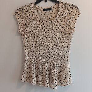 Spoiled Brand Cream and Black Polka Dot Short Sleeve Top Large, Lacey, Peplum